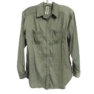 Anthropologie‎ Button Up Blouse Top Long Sleeve Casual Olive Green Pleated XS